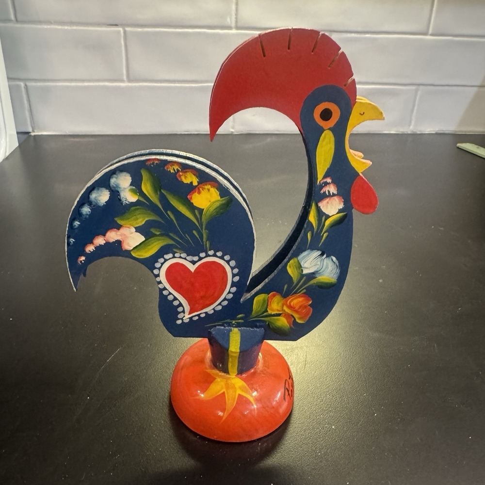 Portugal Painted Folk Art Wooden Rooster Letter Holder Wood Bird Portuguese 7.5"